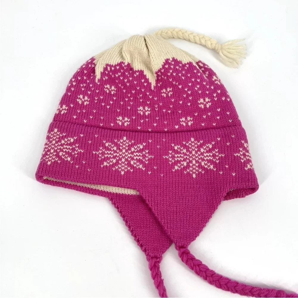 Vintage Ski Hat Pink Fairisle Knit Earflaps Wool Blend Vermont Needlecrafts USA